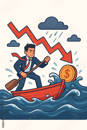 Businessman in crisis. Economic financial struggle. Business overcoming challenges. Man in suit rowing on stormy sea. Dollar coin, arrow down, rain clouds. Flat vector.