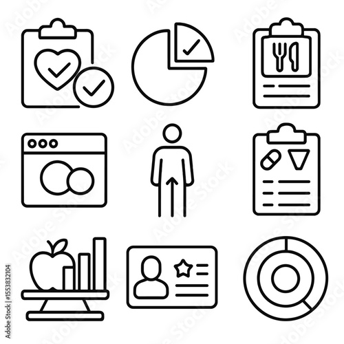 Diet Goal Icons. Outline style icons of Diet and Goal Matching: diet matching icon, macro goal pie chart, custom meal plan, food