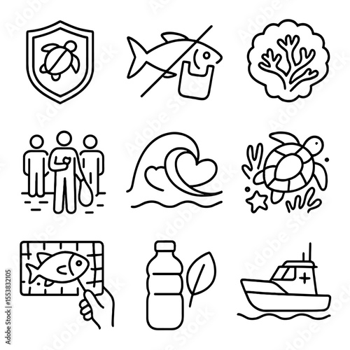 Ocean Conservation Icons. Outline style icons of Ocean Conservation: marine protection shield, plastic-free fish icon, reef safe