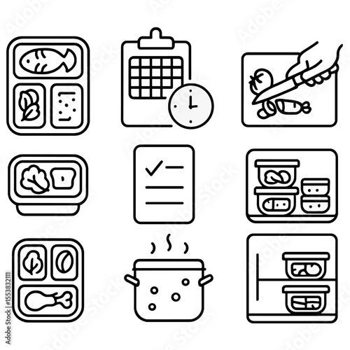 Fitness Meal Prep Icons. Outline style icons of Fitness Meal Prep: meal box icon, prep day planner, ingredient chopping,