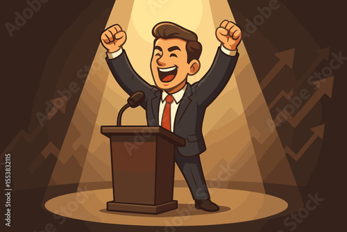 Inspirational public speaker or leader giving a motivational speech at a conference. Cartoon businessman character on stage at a podium under a spotlight celebrating success and victory.