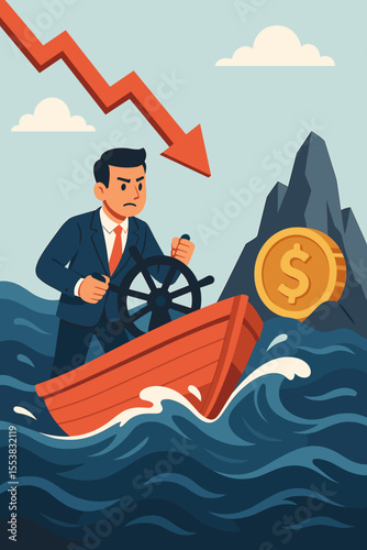 Businessman Steering Through Economic Crisis, Navigating Financial Challenges and Market Downturns with Leadership and Resilience. Vector Illustration.