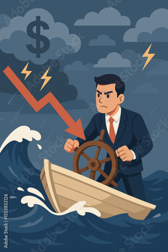 Economic crisis metaphor of a businessman steering a boat in a storm. Financial recession concept, navigating market downturn, leadership through adversity and business challenges.