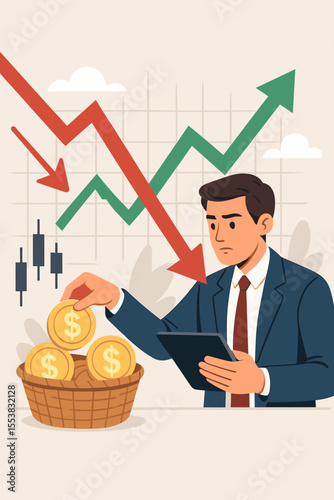 Investor navigating stock market volatility, adjusting financial portfolio to minimize risk and optimize returns. Concept of buying the dip during a market crash. Vector illustration.