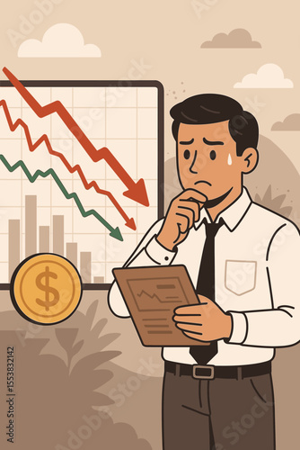 Stressed investor facing stock market crash. Financial crisis, economic recession concept. Worried businessman looks at chart down. Bear market, investment loss, volatility.