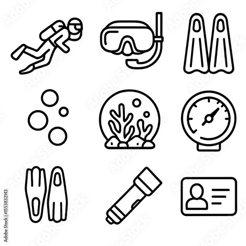 Scuba Diving Icons. Outline style icons of Scuba Diving: diver with oxygen tank, diving mask, flippers, underwater bubbles, depth