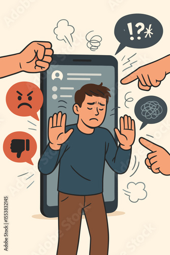 Cyberbullying vector concept. Man is a victim of online harassment and abuse on social media, resisting psychological pressure from trolling, hate speech, and online threats.
