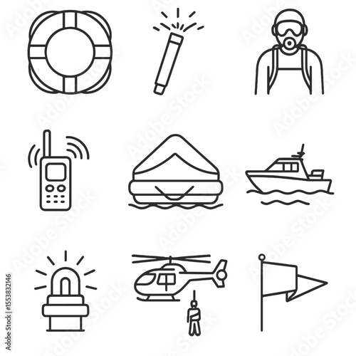 Sea Rescue Icons. Outline style icons of Rescue and Emergency at Sea: lifebuoy ring, emergency flare, rescue diver, SOS radio icon