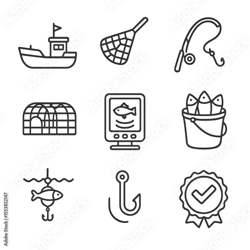 Fishing Icons Collection. Outline style icons of Fishing and Marine Harvesting: fishing boat, fishing net, rod and reel, trap cage
