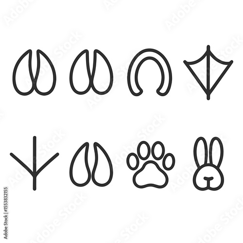Farm Animal Footprints. Outline style icons of Farm Animal Footprints: cow hoof print, pig trotter print, horse hoof icon, duck