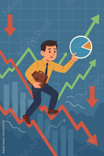 Stressed investor navigating stock market volatility. Worried businessman balancing on falling graph, adjusting portfolio during financial crisis, recession or bear market concept.