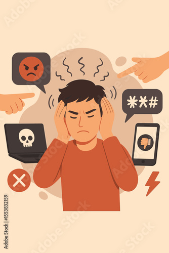 Man enduring online harassment, cyberbullying, psychological pressure from internet trolls. Victim of digital violence, hate speech, resisting social media attacks. Stressed, frustrated, isolated.