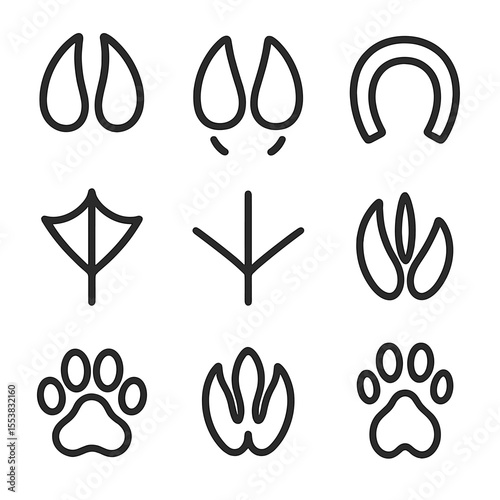 Farm Animal Footprints. Outline style icons of Farm Animal Footprints: cow hoof print, pig trotter print, horse hoof icon, duck
