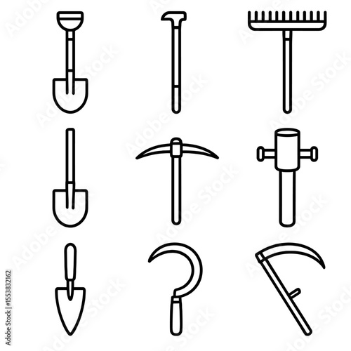 Manual Farm Tools Icons. Outline style icons of Manual Farm Tools: shovel, hoe, rake, spade, pickaxe, post driver, trowel, hand