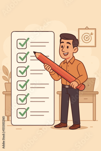 Productive man checking off completed tasks on checklist with giant pencil, workflow optimization, goal achievement, productivity improvement, business success concept, cartoon vector illustration