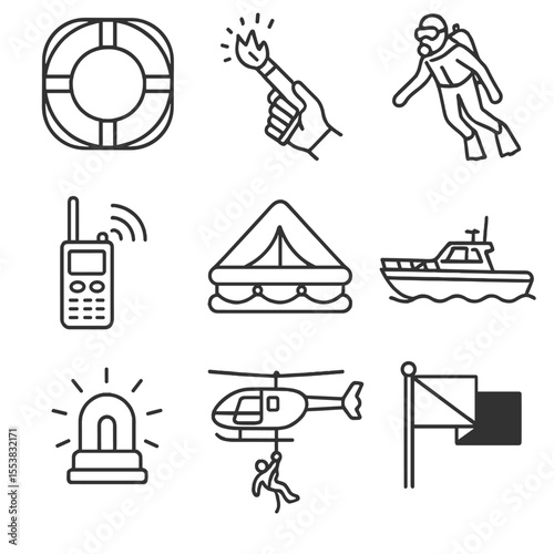 Sea Rescue Icons. Outline style icons of Rescue and Emergency at Sea: lifebuoy ring, emergency flare, rescue diver, SOS radio icon