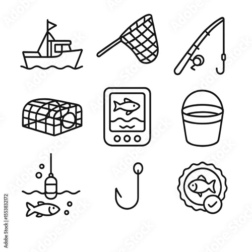 Fishing Icons Collection. Outline style icons of Fishing and Marine Harvesting: fishing boat, fishing net, rod and reel, trap cage