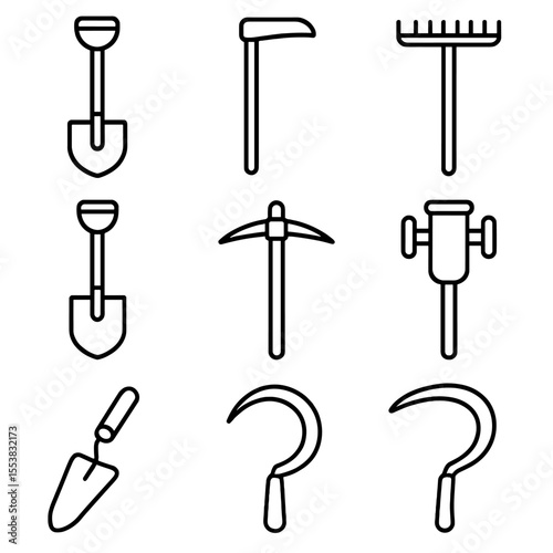 Manual Farm Tools Icons. Outline style icons of Manual Farm Tools: shovel, hoe, rake, spade, pickaxe, post driver, trowel, hand