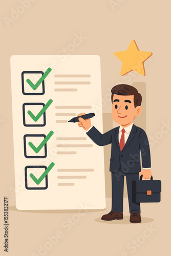 Productive businessman completes tasks on a giant to-do list with a check mark. Concept of goal achievement, project management, planning, and success. Vector cartoon illustration.