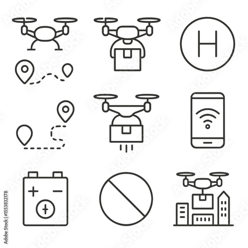 Drone Delivery Icons. Outline style icons of Drone Delivery Systems: quadcopter drone, drone with package, landing pad icon,