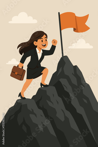 Businesswoman climbing mountain to success. Metaphor for overcoming challenges and achieving goals. Career growth, leadership, and ambition concept. Vector cartoon illustration.