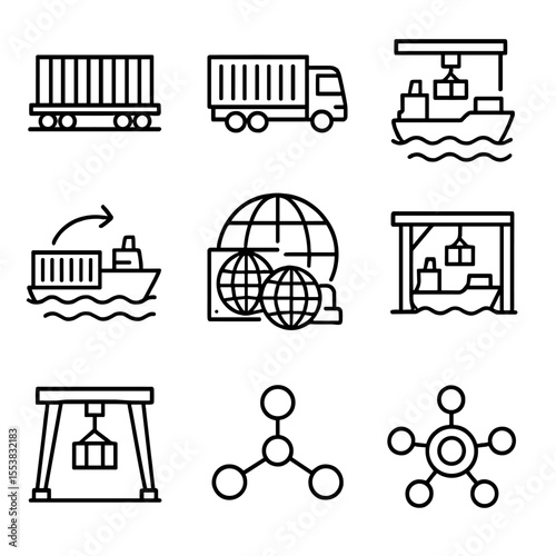 Multimodal Transport Icons. Outline style icons of Multimodal Transport: container on train, container on truck, ship-to-train