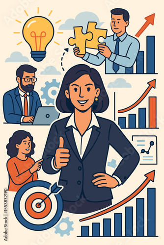 Business concept vector collage with woman leader and team achieving success. Goal setting, idea innovation, strategy puzzle, and financial growth chart. Corporate cartoon illustration.