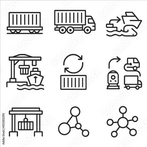 Multimodal Transport Icons. Outline style icons of Multimodal Transport: container on train, container on truck, ship-to-train