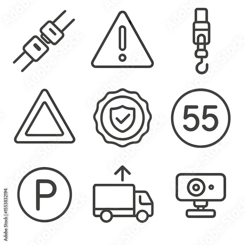 Transportation Safety Icons. Outline style icons of Transportation Safety: seatbelt icon, hazard light, warning triangle, load