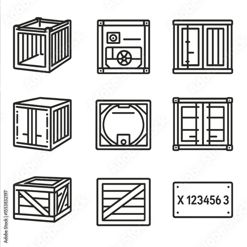Sea Container Icons. Outline style icons of Sea Container Types: open-top container, reefer container, flat rack container,