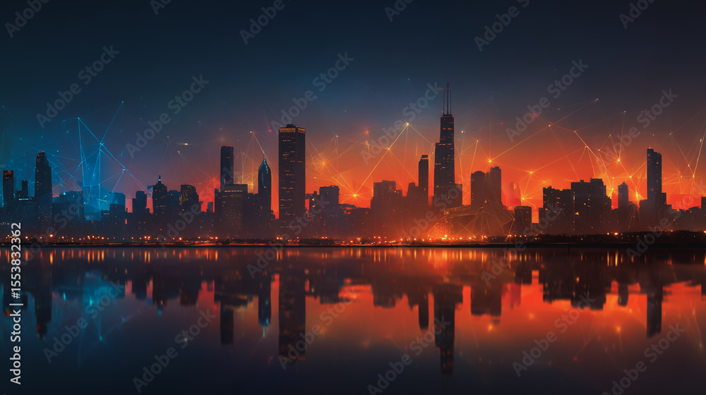 custom made wallpaper toronto digitalSmart city with connection network reciprocity over the cityscape social media networking systems that connects on the peak of success amid tall, innovative Smart city and graphs with statistics to a