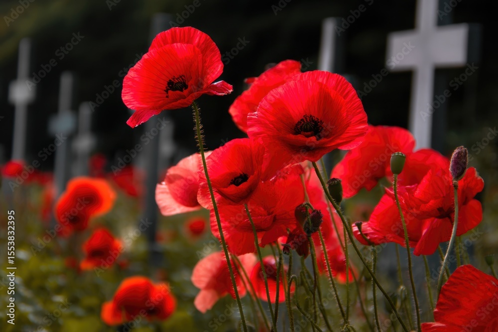 Obraz premium Poppies Among White Crosses in Cemetery