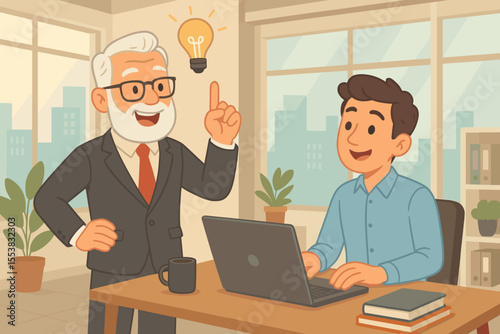 Senior businessman mentoring a young employee. Experienced boss sharing an innovative idea with a lightbulb symbol. Corporate coaching, training, teamwork and collaboration in a modern office.