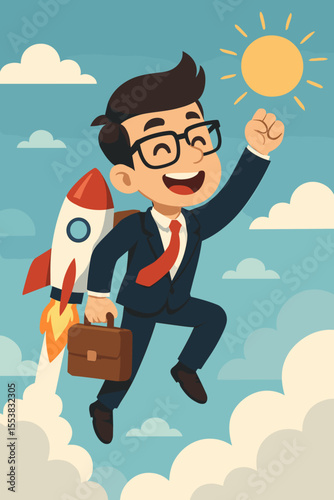 Businessman with rocket jetpack flying to success. Startup launch concept. Metaphor for career growth, ambition, and business boost. Entrepreneur character achieving new goals.
