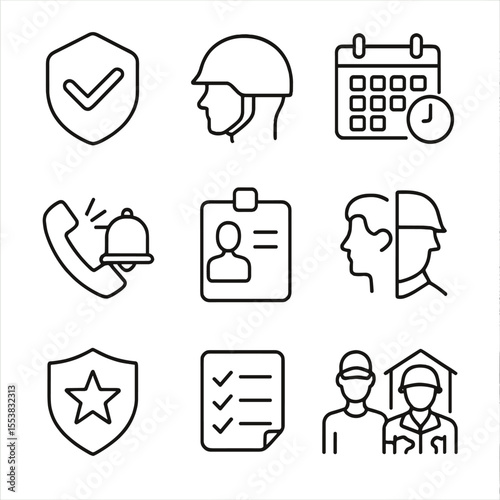 Military Reserves Icons. Outline style icons of Military Reserves: part-time badge, dual-role helmet, monthly training calendar,
