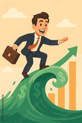 Businessman riding a money wave metaphor for financial success and business growth. Cartoon character surfing on profit gains with an arrow up chart. Investment prosperity concept.