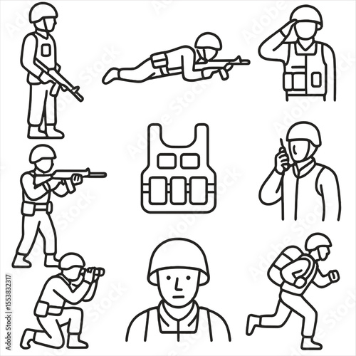 Outline Soldier Icons. Outline style icons of Ground Soldiers: standing soldier, crawling soldier, salute pose, rifle ready stance