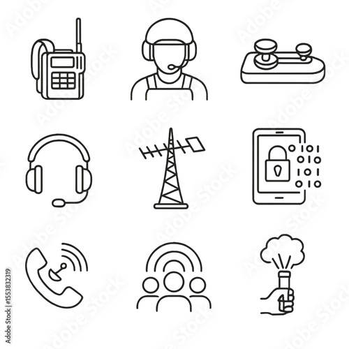Military Communications Icons. Outline style icons of Military Communications: field radio pack, signal operator, morse code key,