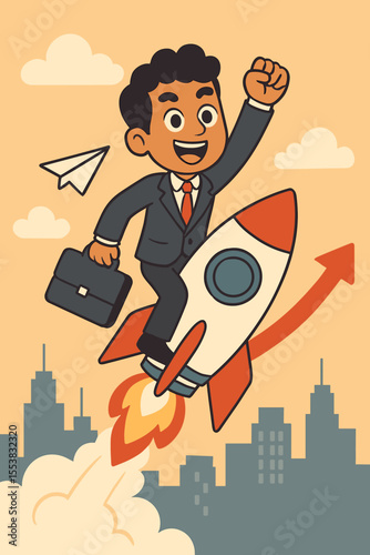 Businessman riding rocket over a city. Startup business launch, career growth metaphor. Soaring to new heights concept. Success, leadership, and ambition. Retro cartoon vector illustration.