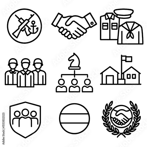 Armed Forces Icons. Outline style icons of Armed Forces Integration: joint ops symbol, army-navy handshake, uniform combo set,