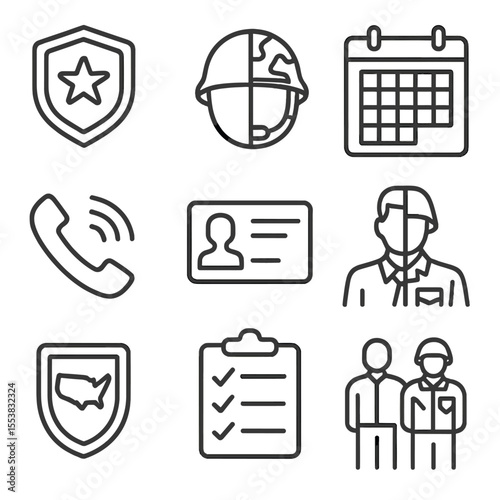 Military Reserves Icons. Outline style icons of Military Reserves: part-time badge, dual-role helmet, monthly training calendar,