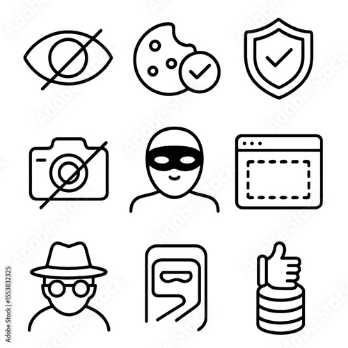 Outline Privacy Icons. Outline style icons of Privacy Protection: eye with line through, cookie consent icon, privacy shield,