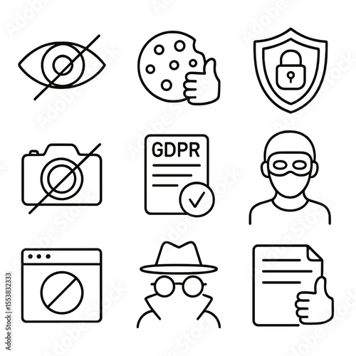 Outline Privacy Icons. Outline style icons of Privacy Protection: eye with line through, cookie consent icon, privacy shield,