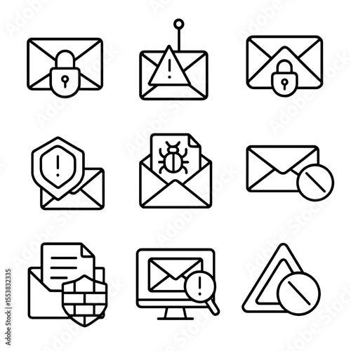 Email Security Icons. Outline style icons of Email Security: locked envelope, phishing alert, encrypted email icon, spam detection