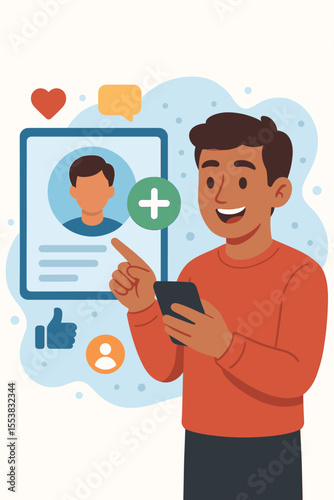 Social media engagement concept. A man is using his phone to add a new friend or follower on a social network app. Growing an online community and connecting with people. Vector cartoon illustration.