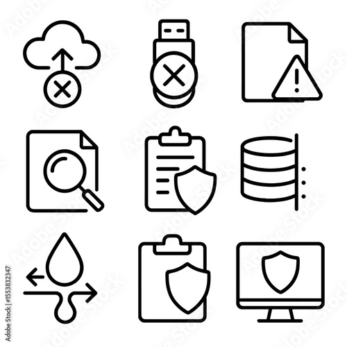 DLP Icons Overview. Outline style icons of Data Loss Prevention: blocked upload icon, USB restricted icon, warning on file