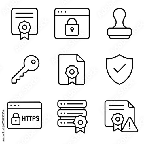 Digital Certificate Icons. Outline style icons of Digital Certificates and SSL: certificate ribbon, SSL browser lock, digital