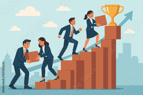 Business team collaboratively building steps to achieve goals, corporate success, career growth, and reach the top, winning trophy reward. Vector illustration.