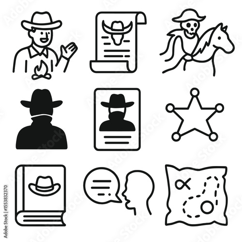 Cowboy Lore Icons. Outline style icons of Cowboy Stories and Lore: campfire tale, tall tale scroll, ghost rider icon, outlaw