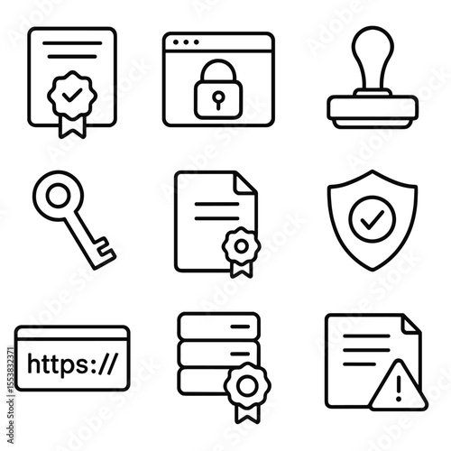 Digital Certificate Icons. Outline style icons of Digital Certificates and SSL: certificate ribbon, SSL browser lock, digital